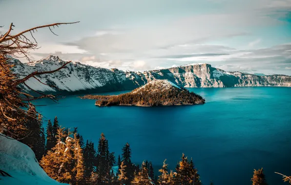 Snow, trees, lake, Oregon, USA, crater, Crater Lake, Crater Lake National Park