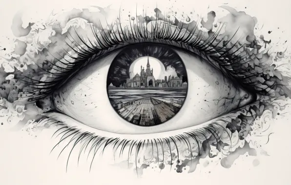 Look, the city, eyes, eyelashes, white background, imitation picture, AI art, neural network