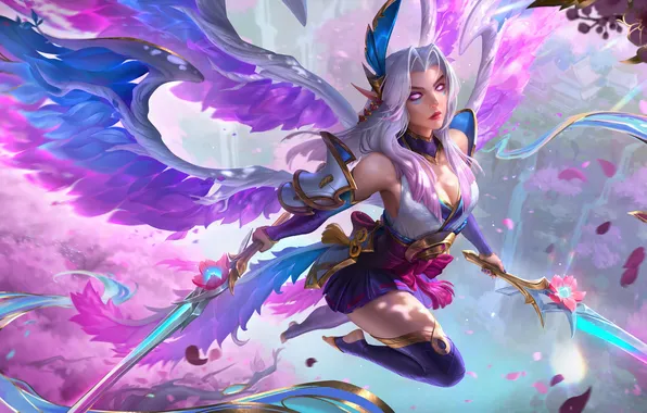 Flight, weapons, Kylie, game, character, white hair, character, League of Legends