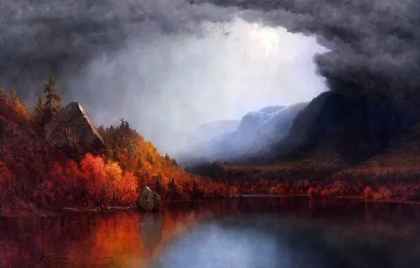 Picture storm, sky, trees, landscape, water, mountains, clouds, painting