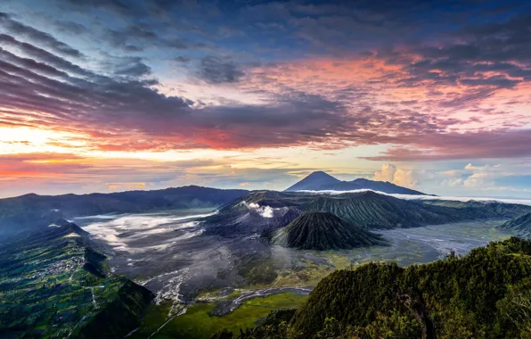 Clouds, mountains, Indonesia, Java, panorama, Tengger, volcanic complex-the Caldera TenGer, the volcano Bromo