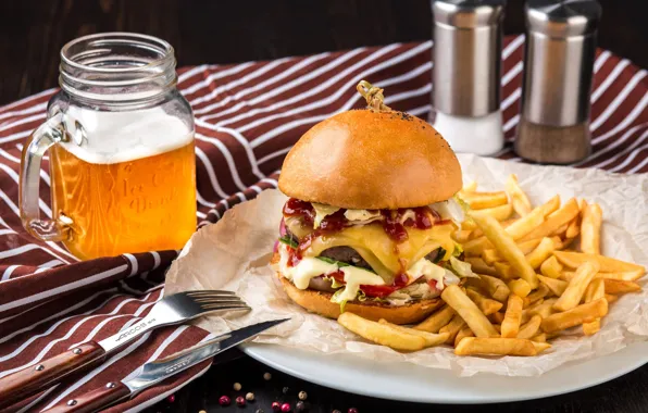 Beer, French fries, Burger