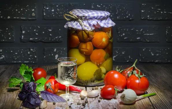 Light, table, food, Bank, pepper, bricks, vodka, vegetables