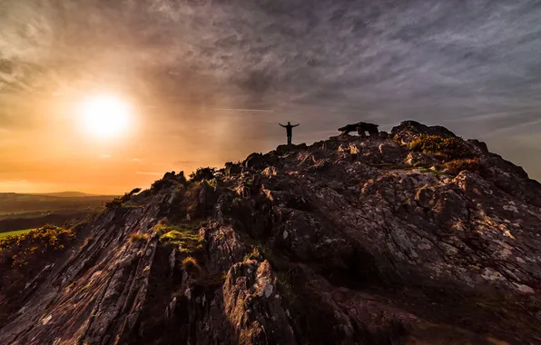 Mountains, rocks, dawn, people, height