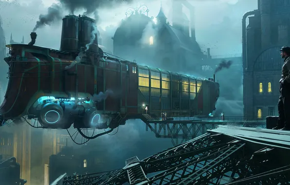 Ship, train, station, steampunk, Steampunk