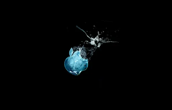 Water, Apple, black background, blue tint