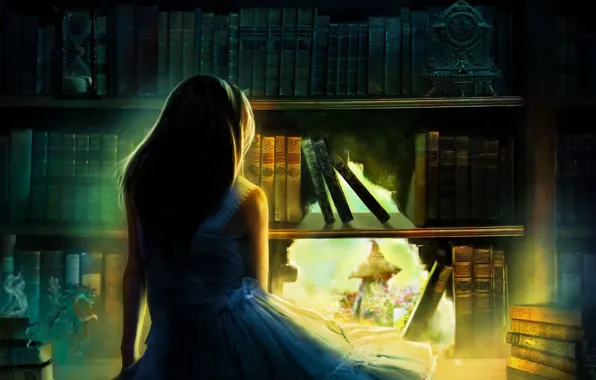 Girl, light, hair, back, watch, books, hole, art