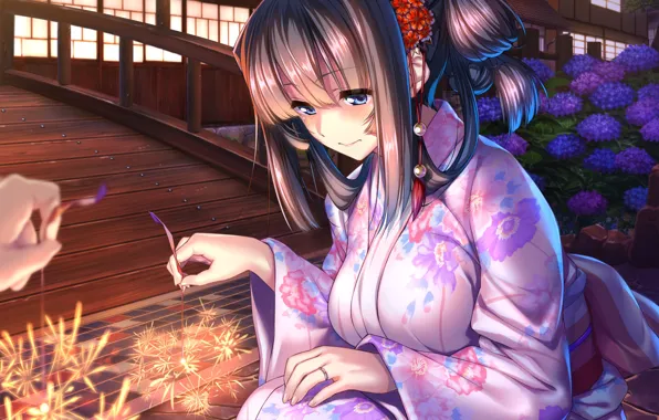 Picture bridge, the evening, yukata, art, hydrangea, squat, visual novel, Amakano