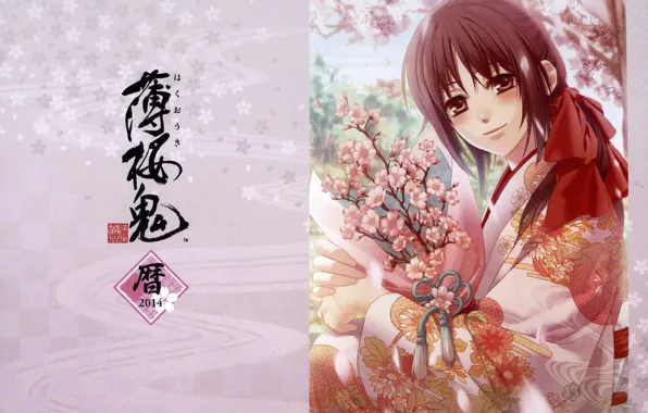 Sakura, characters, kimono, flowering, art, Demons pale cherry, Yukimura Chizuru, Hakuouki Shinsengumi Kitano