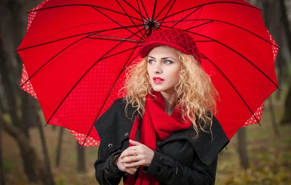 Picture look, girl, umbrella, scarf, blonde, cap