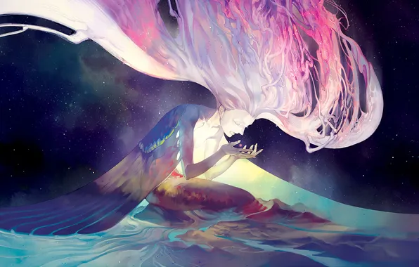 Water, stars, night, lights, long hair