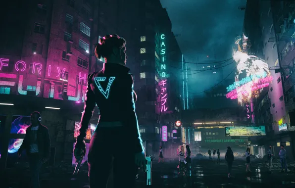 Girl, Night, Music, The city, Neon, Street, People, Style