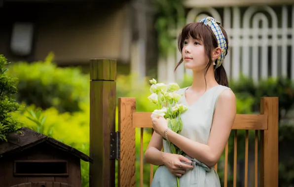 Picture girl, flowers, bouquet, Asian, cutie