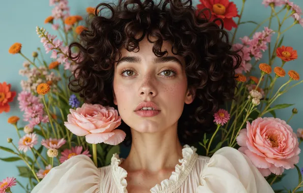Flowers, Girl, Look, Hair, Brunette, Digital art, AI art, The Art of Artificial Intelligence