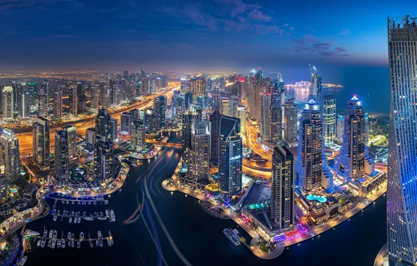 Night, the city, lights, fog, view, building, tower, skyscrapers