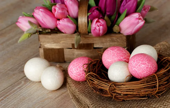 Picture flowers, holiday, basket, eggs, spring, Easter, socket, tulips
