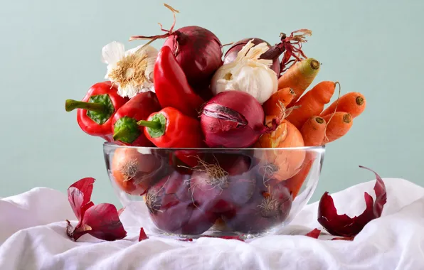 Red, background, food, bow, fabric, pepper, bowl, still life