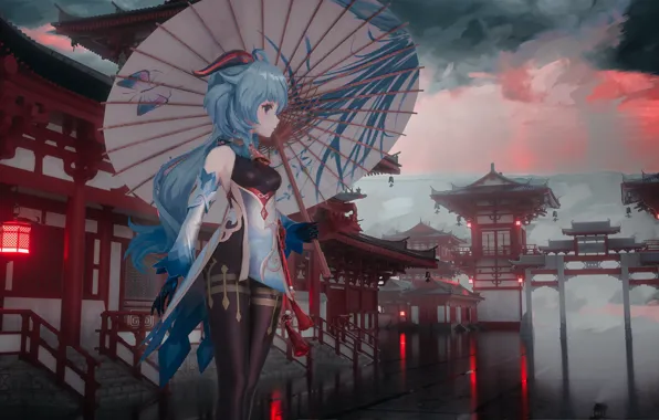 Picture girl, the city, rain, umbrella, Genshin Impact, Ganyu