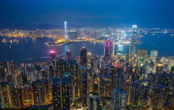 Night, the city, lights, blue, building, dal, Hong Kong, skyscrapers