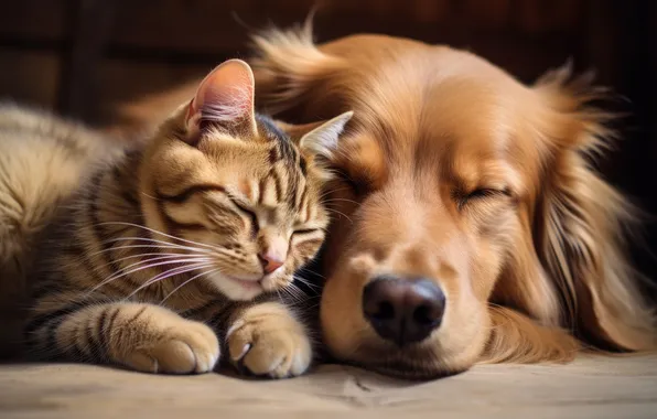 Cat, cat, look, pose, comfort, the dark background, together, sleep