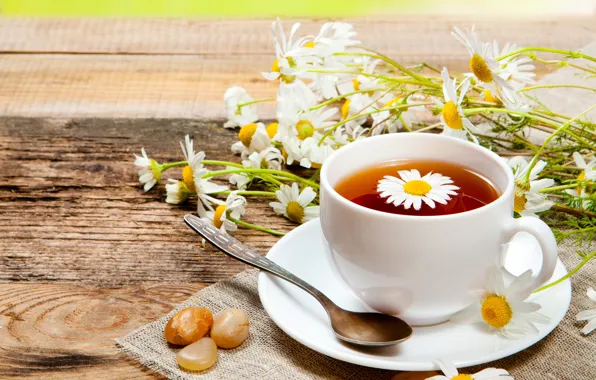 Flowers, tea, chamomile, mug, drink, spoon, saucer