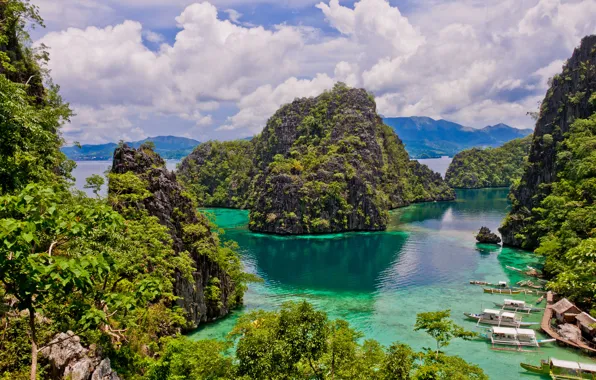 Sea, the sky, clouds, trees, mountains, rock, island, boats