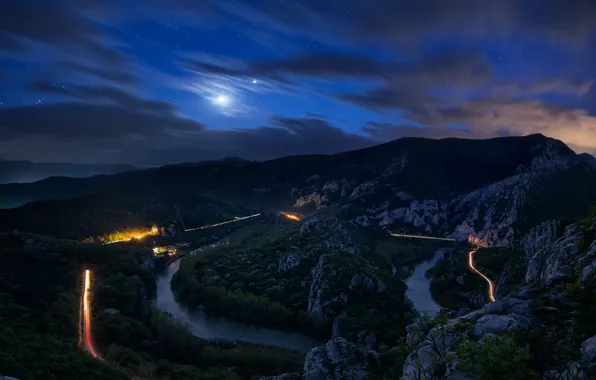 Road, forest, clouds, trees, mountains, night, river, stones