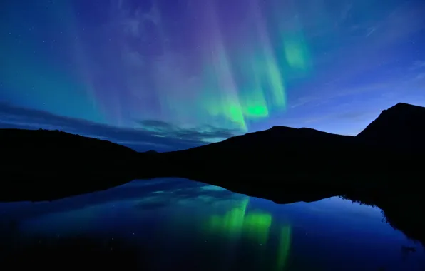 The sky, water, clouds, night, lake, surface, reflection, Northern lights
