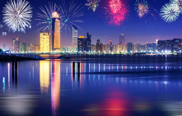 The sky, night, lights, river, holiday, new year, beauty, skyscrapers