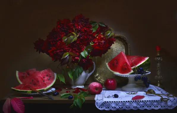 Picture leaves, flowers, berries, apples, candle, watermelon, plate, grapes