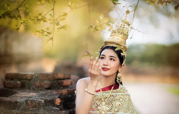Look, leaves, girl, decoration, branches, face, pose, smile