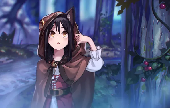 Forest, girl, dark, anime, art, neko, the girl in the hoodie, neko-Chan