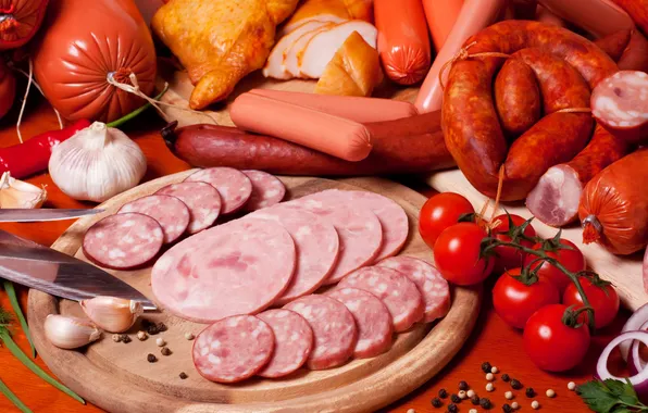 Picture sausage, food, tomatoes, sausage, meat products
