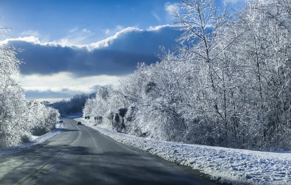 Picture winter, road, snow, landscape, machine, blue sky