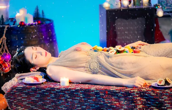 Candle, Beautiful, Asian, Model, Table, Woman, Lying Down, Laying