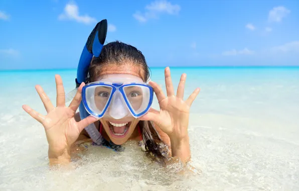 Sea, the sky, water, girl, the sun, joy, happiness, emotions