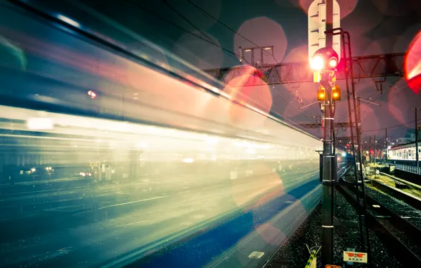 Picture light, night, the city, glare, Japan, excerpt, railroad