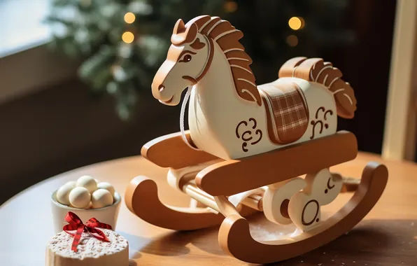 Branches, lights, table, horse, box, horse, toy, Christmas