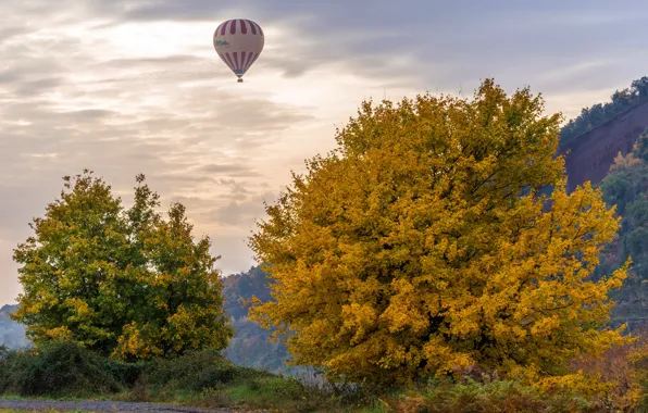 The sky, leaves, clouds, trees, landscape, mountains, nature, balloon