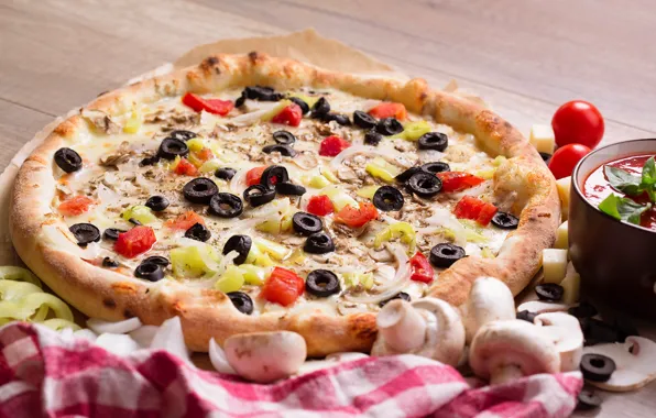 Mushrooms, cheese, pepper, vegetables, pizza, tomatoes, olives, filling