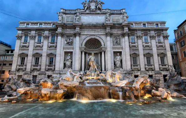Water, lights, the evening, fountain, sculpture, Italy, Rome, Trevi