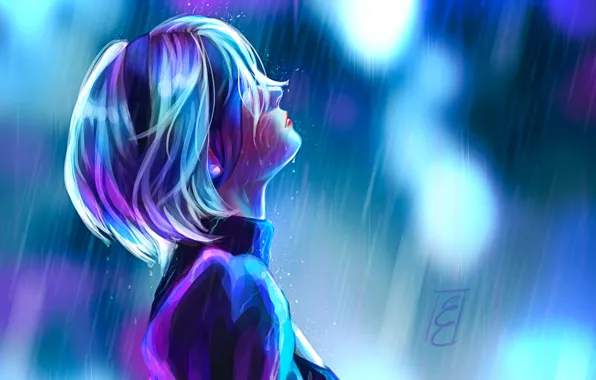 Girl, rain, drawings, Nier: Automata, Ellis Court