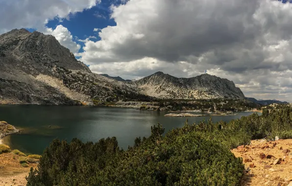 Picture the sky, clouds, trees, mountains, lake, stones, CA, USA