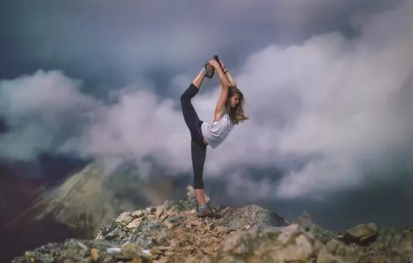 Picture girl, clouds, mountains, athlete, Stretch, stretching