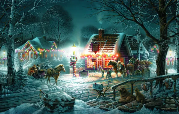 Picture winter, snow, holiday, home, the evening, horse, wagon, sleigh