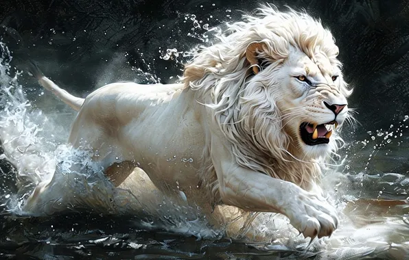 Water, squirt, predator, power, grin, digital art, albino, white lion