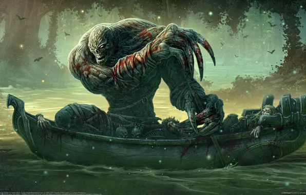 Forest, blood, boat, monster, art, Kerem Couplets, corpses, paddle