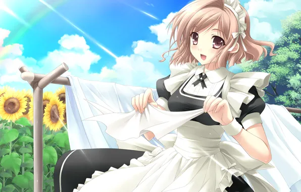 Summer, the sky, rays, sunflowers, linen, uniform, the maid, art