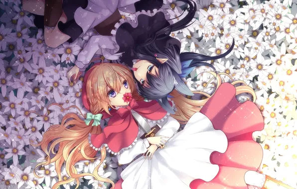 Picture flowers, girls, anime, petals, art, lie, agekichi, heart shape