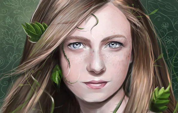 Picture look, leaves, girl, plant, art, freckles